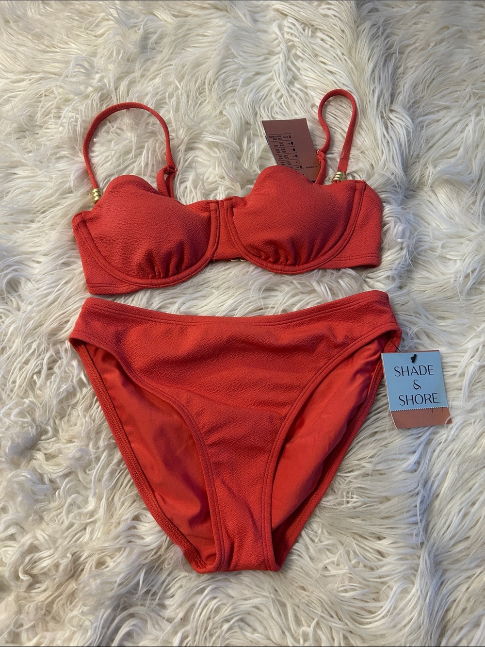 Shade & Shore Coral-Red Textured Bikini Set with Underwire Top